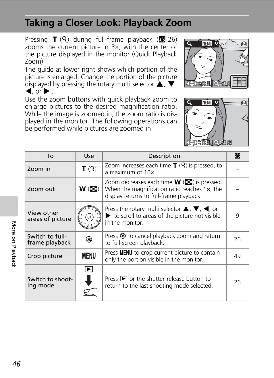 Taking a closer look: playback zoom, C 46, Om) (c 46) | Nikon CoolPix S500 User Manual | Page 58 / 147