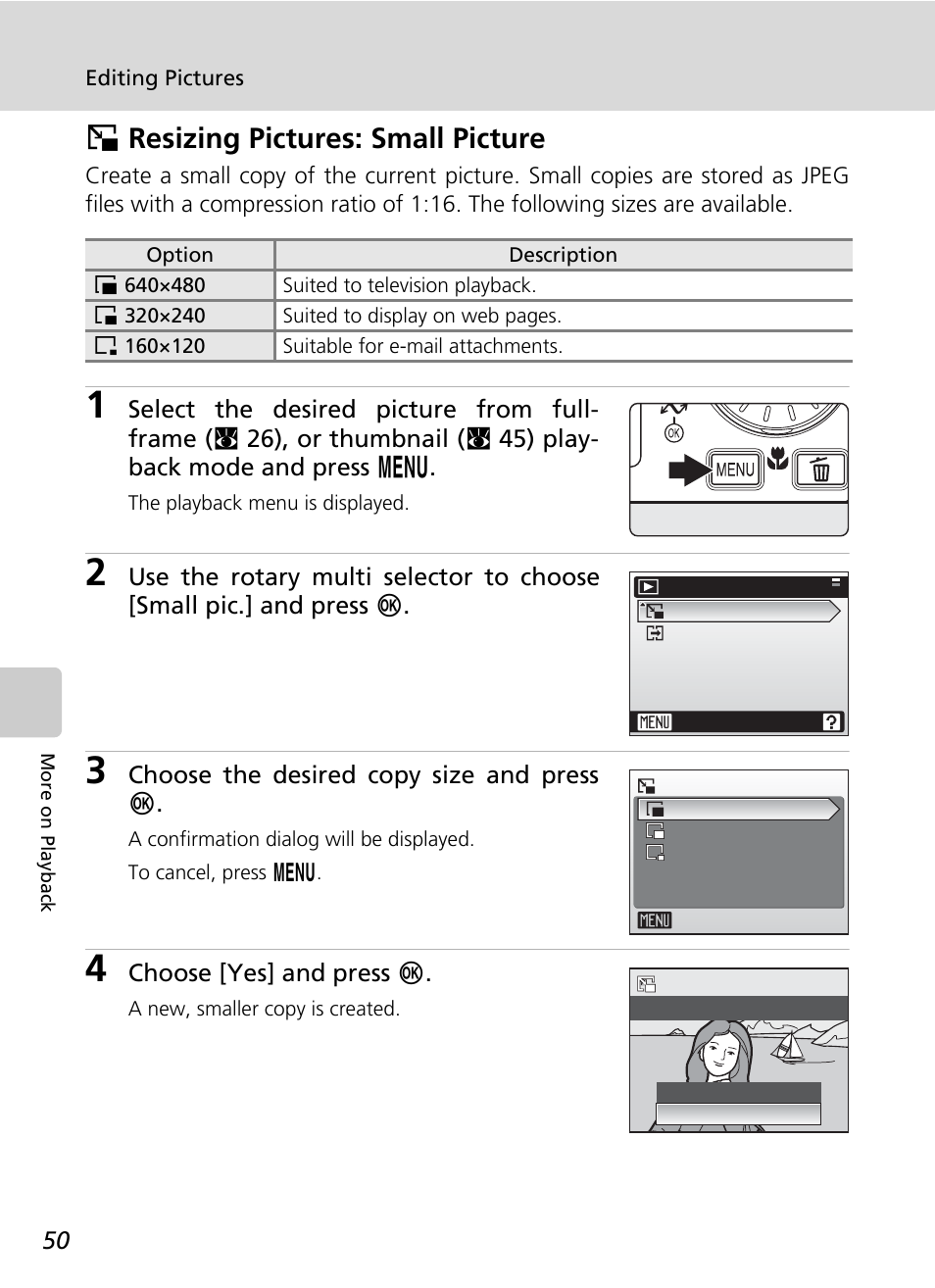 Resizing pictures: small picture, Small pic, Hresizing pictures: small picture | Nikon CoolPix S500 User Manual | Page 62 / 147