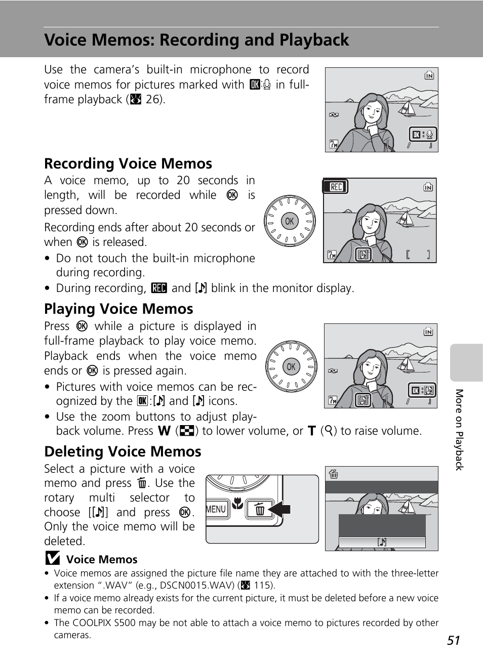 Voice memos: recording and playback, C 51 | Nikon CoolPix S500 User Manual | Page 63 / 147