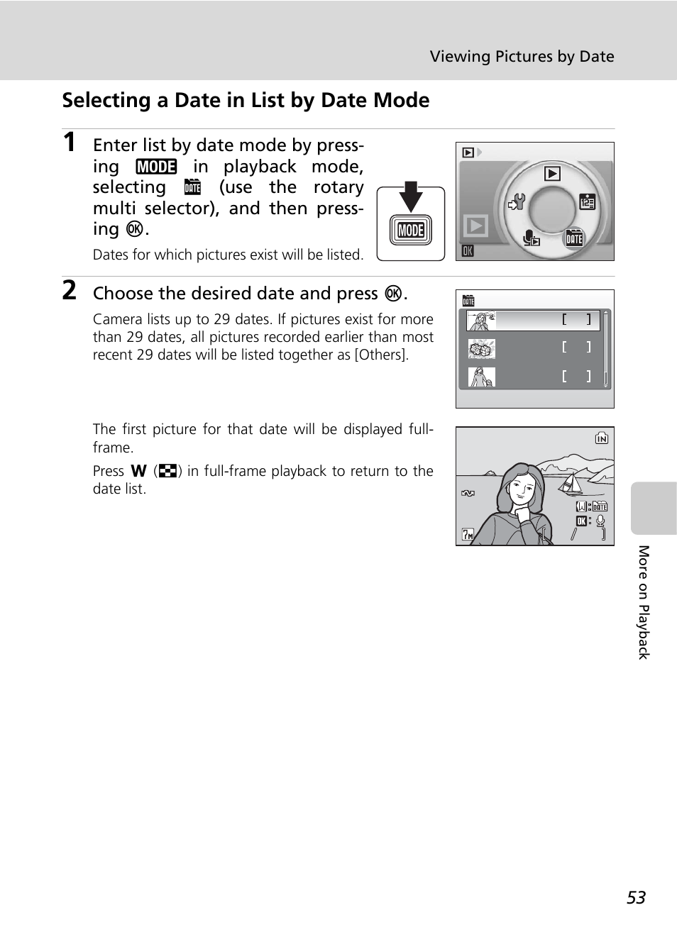 C 53, Selecting a date in list by date mode, Choose the desired date and press d | Nikon CoolPix S500 User Manual | Page 65 / 147