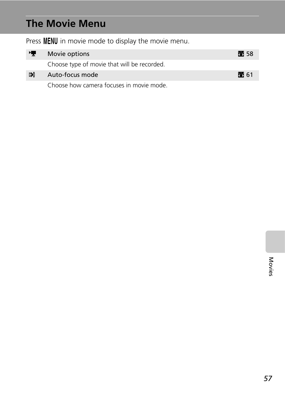The movie menu, C 57) | Nikon CoolPix S500 User Manual | Page 69 / 147