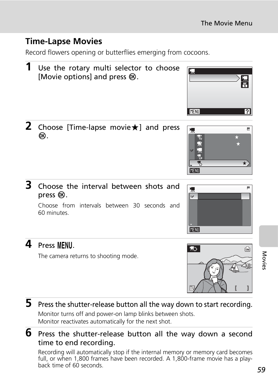 Time-lapse movies | Nikon CoolPix S500 User Manual | Page 71 / 147
