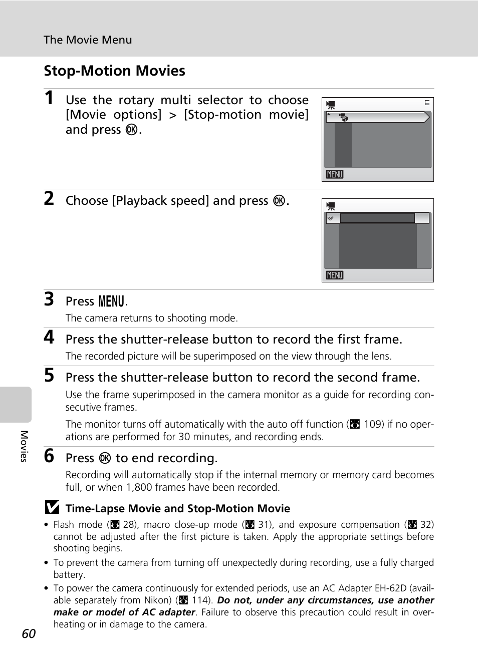 Stop-motion movies | Nikon CoolPix S500 User Manual | Page 72 / 147