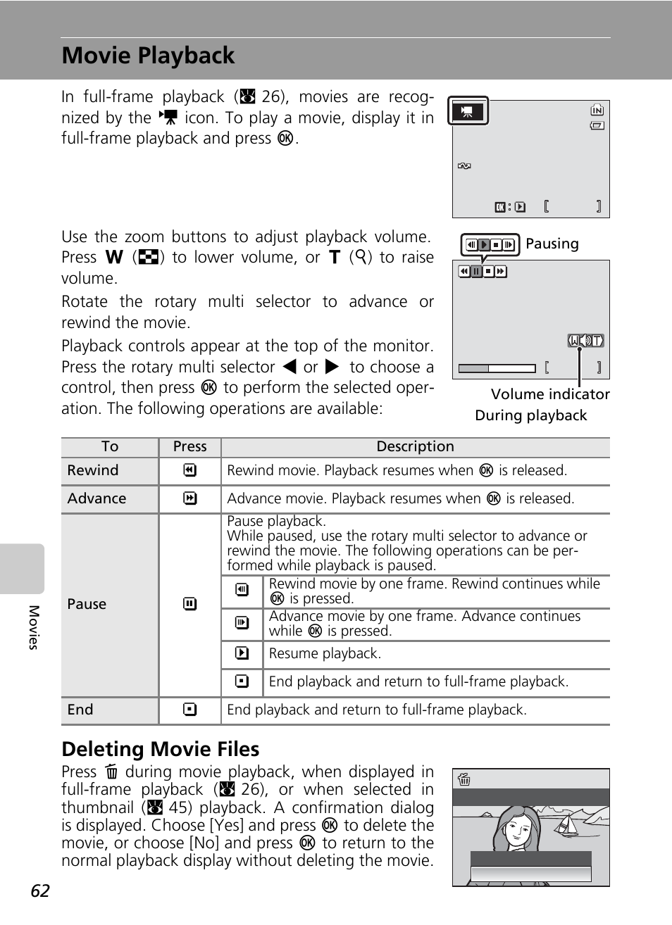 Movie playback, Deleting movie files | Nikon CoolPix S500 User Manual | Page 74 / 147