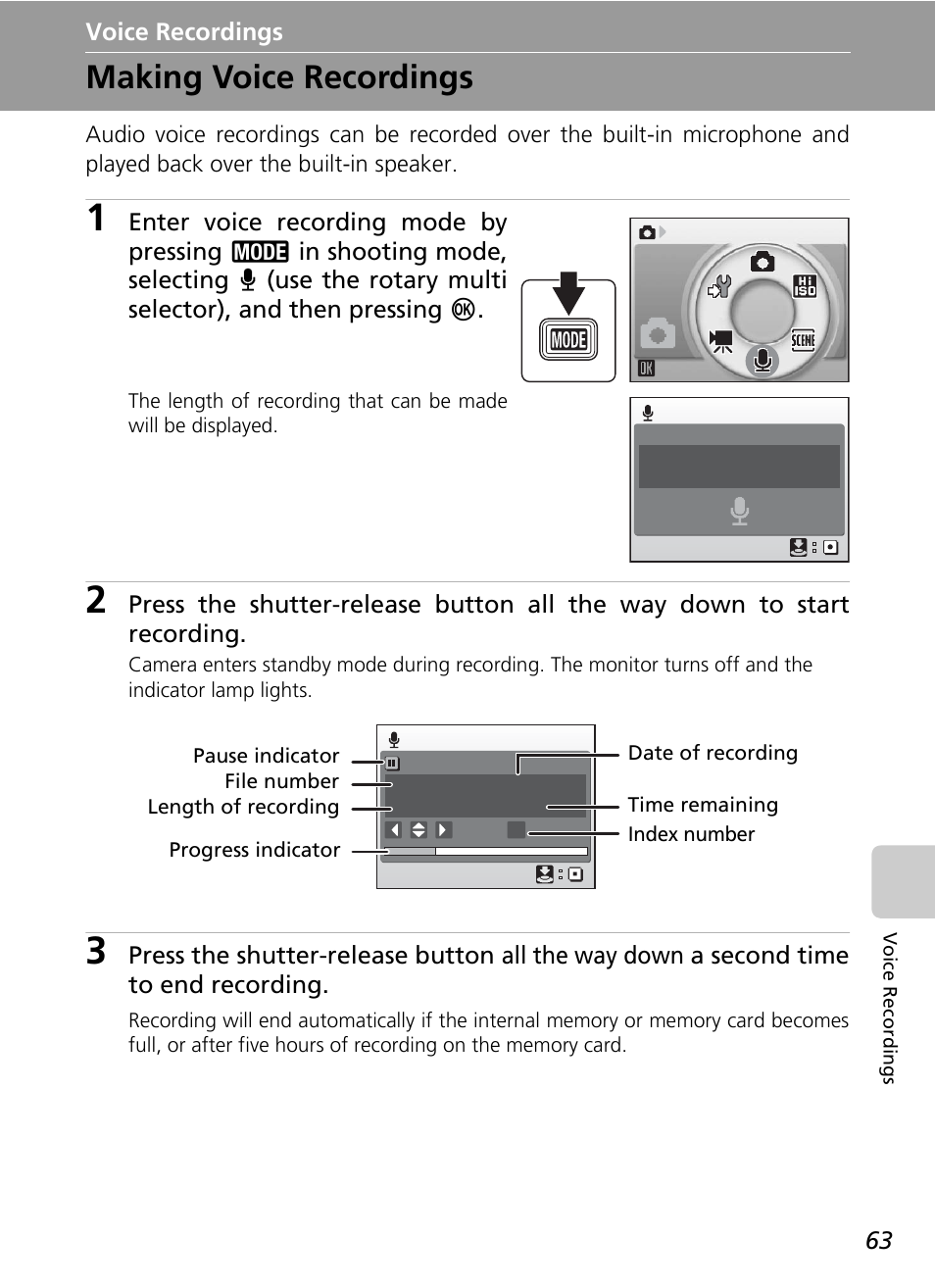 Voice recordings, Making voice recordings, C 63 | De (c 63 | Nikon CoolPix S500 User Manual | Page 75 / 147