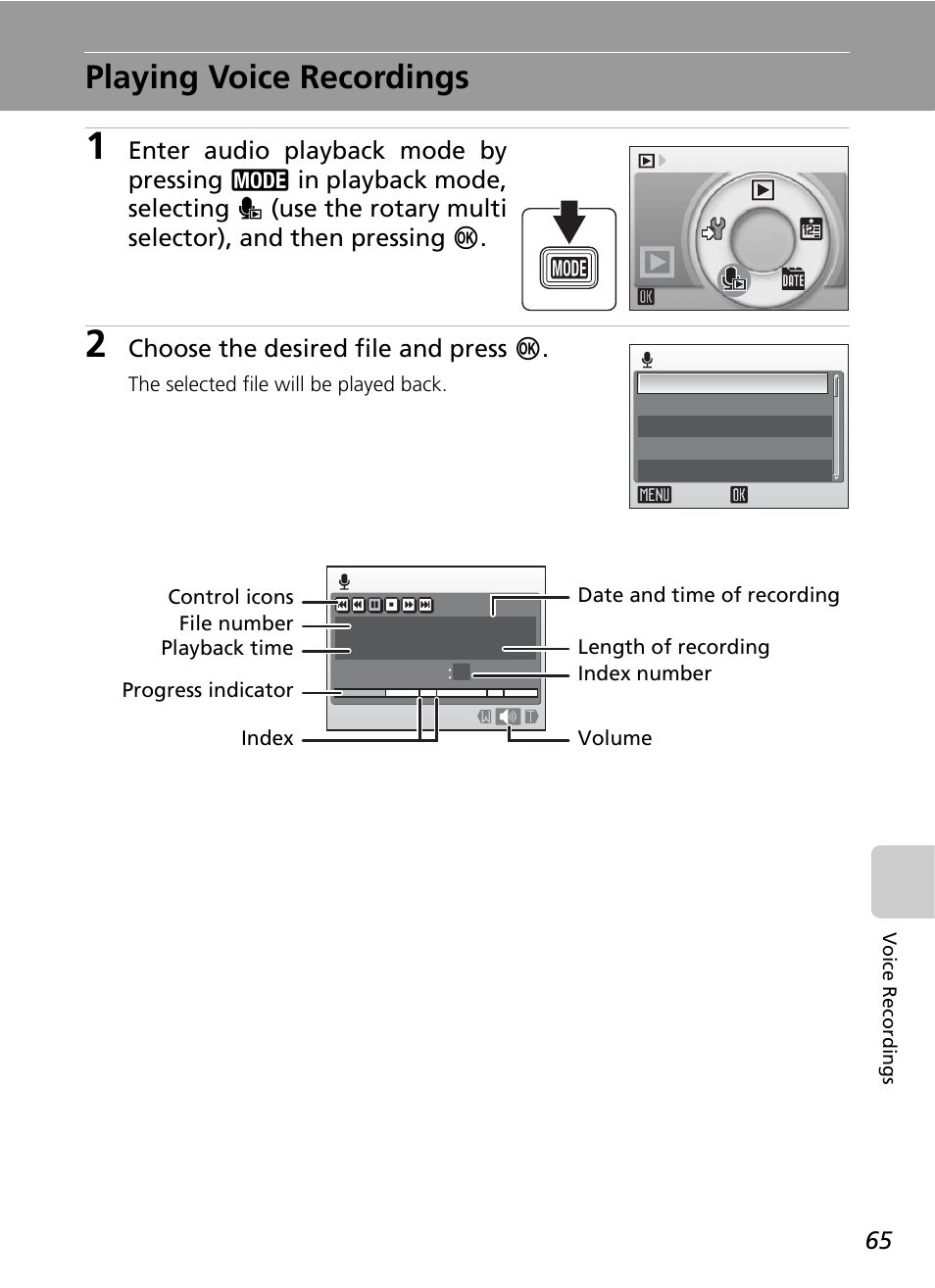 Playing voice recordings, C 65), C 65 | Choose the desired file and press d | Nikon CoolPix S500 User Manual | Page 77 / 147