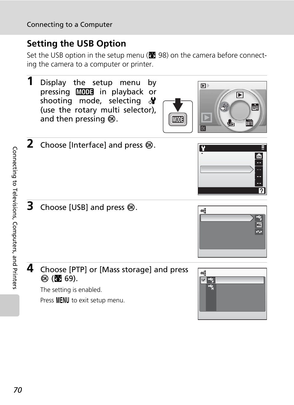 Setting the usb option | Nikon CoolPix S500 User Manual | Page 82 / 147