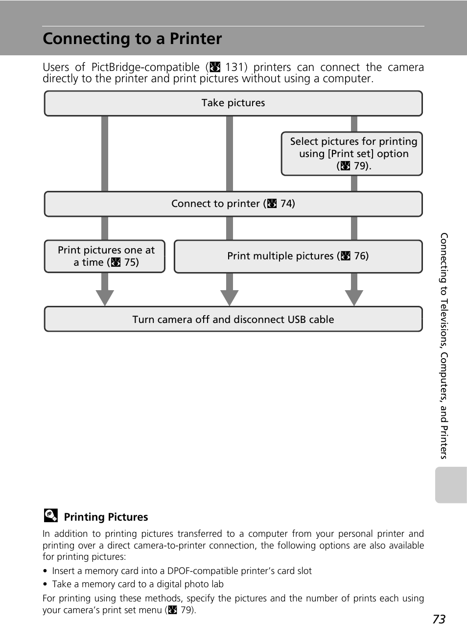 Connecting to a printer | Nikon CoolPix S500 User Manual | Page 85 / 147