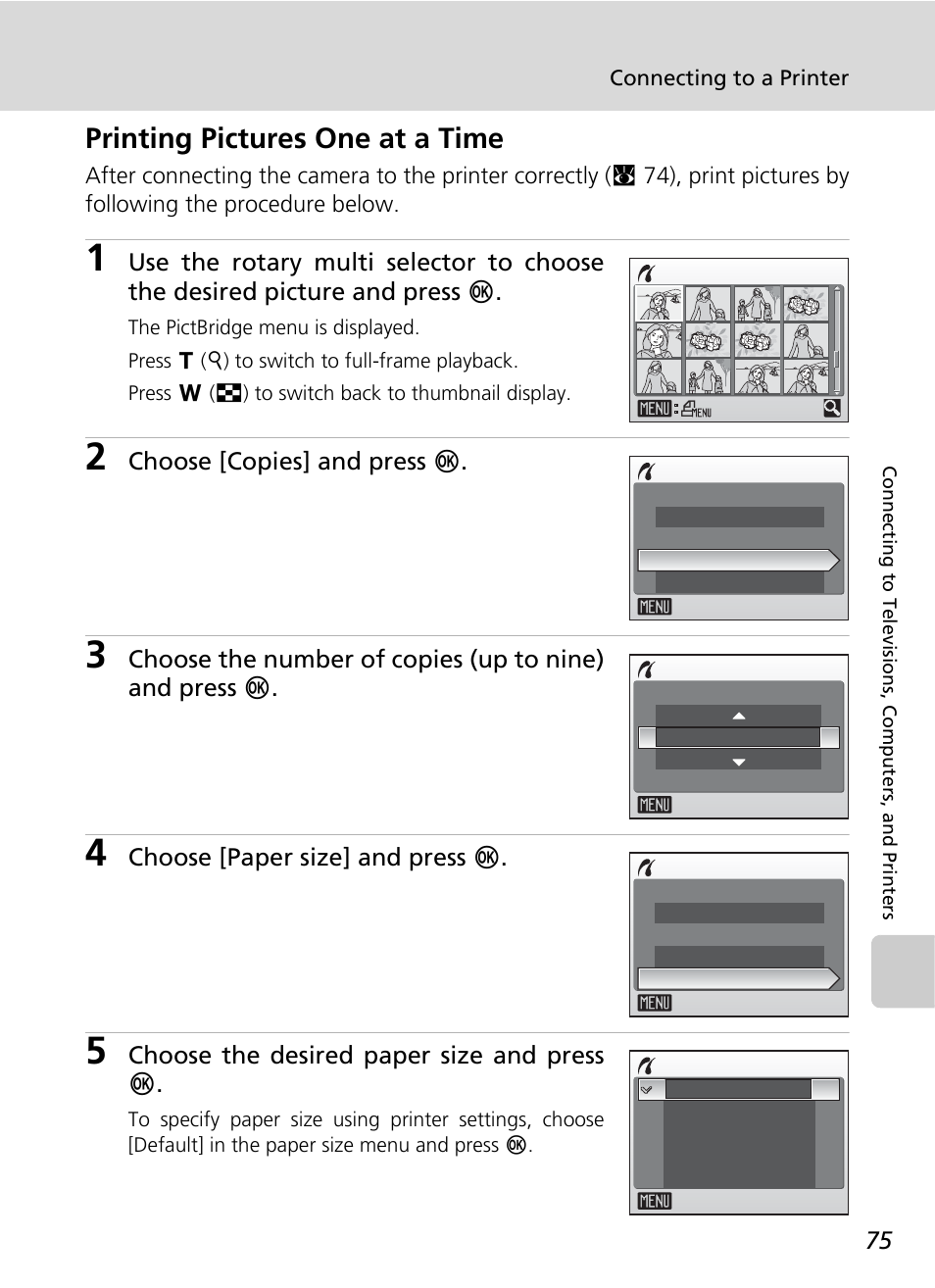 Printing pictures one at a time, C 75 | Nikon CoolPix S500 User Manual | Page 87 / 147