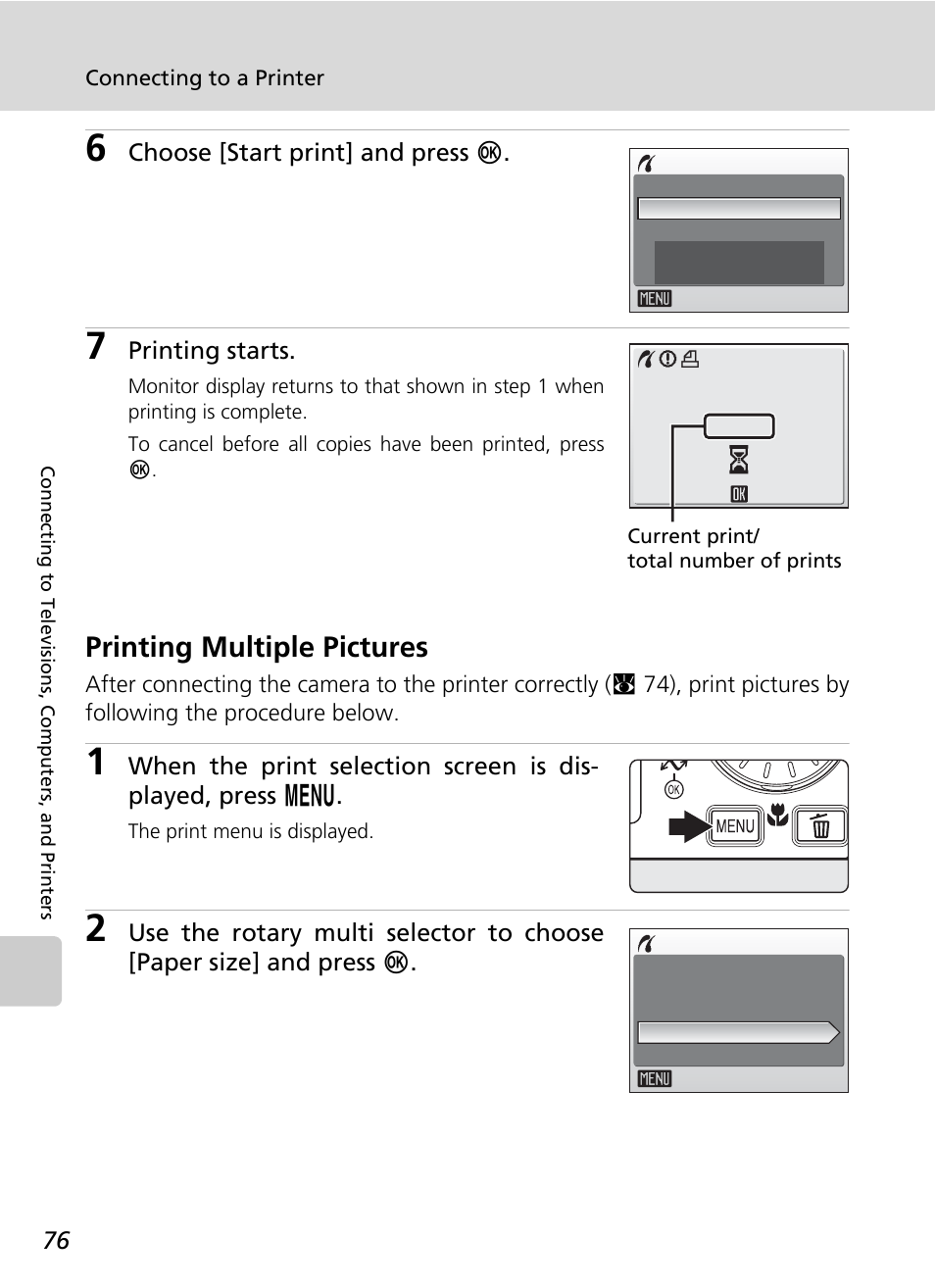 Printing multiple pictures, C 76, C 76) | Nikon CoolPix S500 User Manual | Page 88 / 147