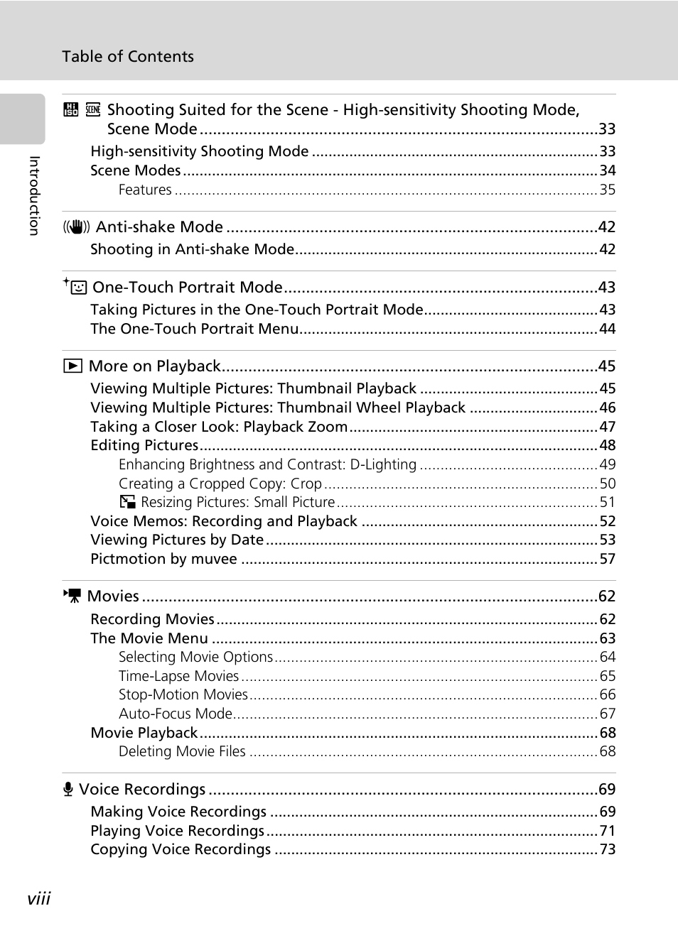 Viii | Nikon Coolpix S50 User Manual | Page 10 / 156