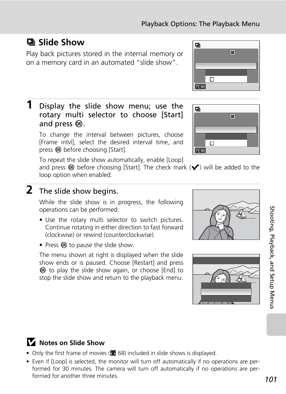 Slide show, Zslide show, The slide show begins | Nikon Coolpix S50 User Manual | Page 113 / 156