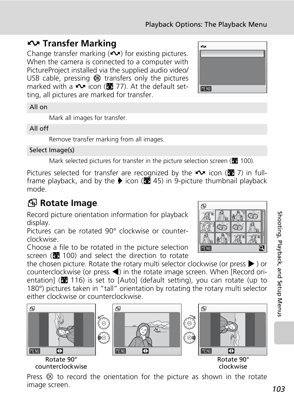 Transfer marking, Rotate image, C 103 | C 103), Etransfer marking, Grotate image | Nikon Coolpix S50 User Manual | Page 115 / 156