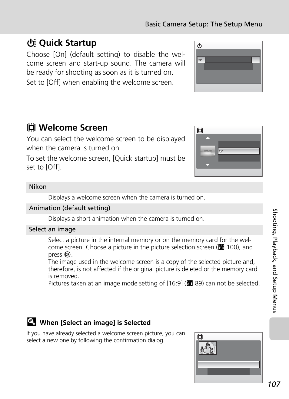 Quick startup, Welcome screen, C 107) | Hquick startup, Vwelcome screen | Nikon Coolpix S50 User Manual | Page 119 / 156