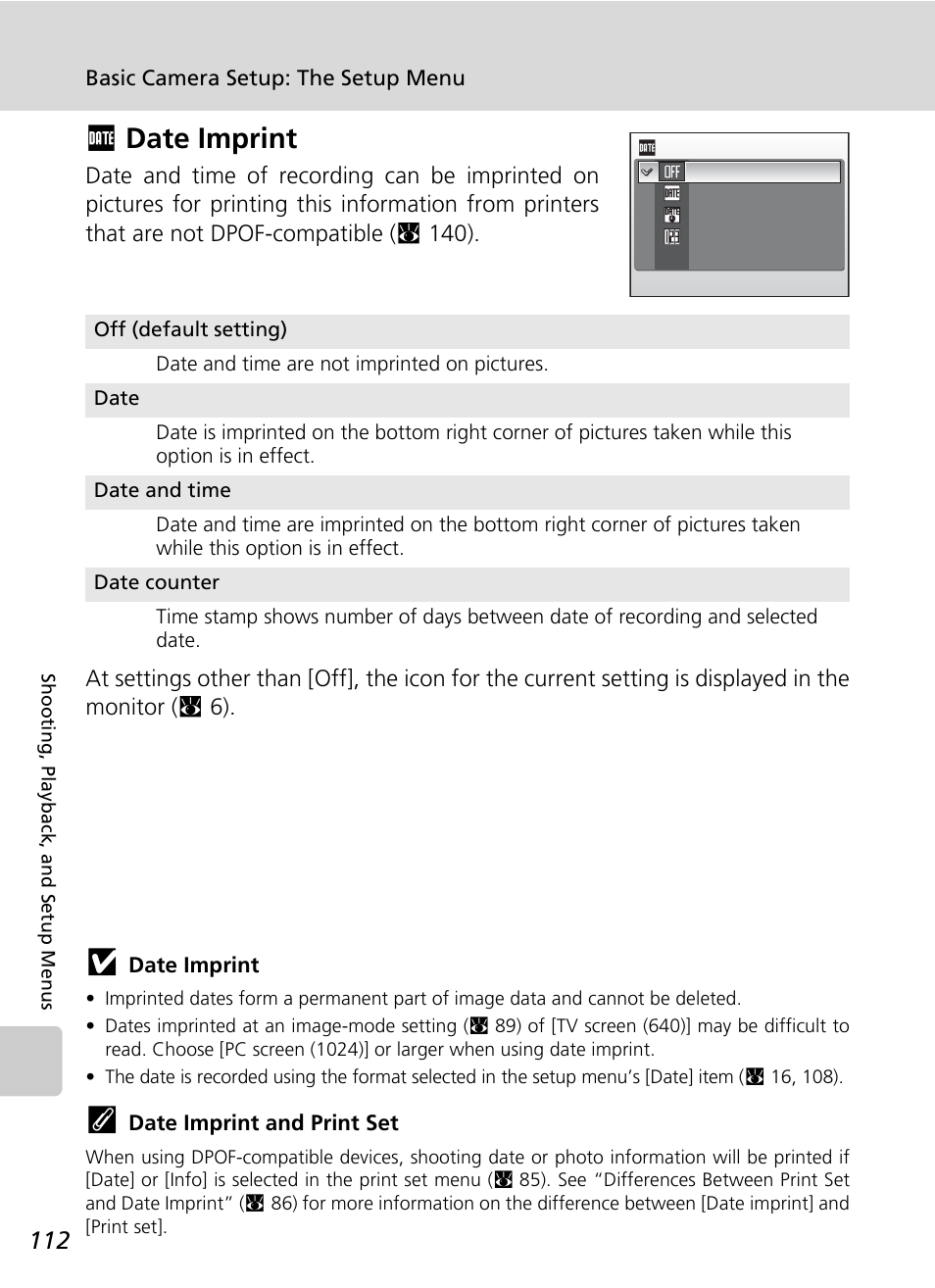 Date imprint, Fdate imprint | Nikon Coolpix S50 User Manual | Page 124 / 156