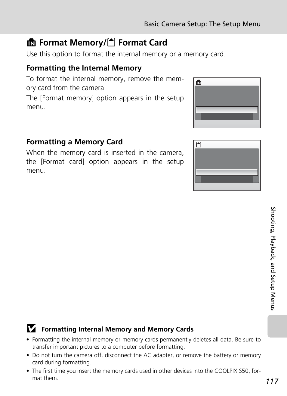 Format memory/format card, Format memory/o format card, C 117) | Nikon Coolpix S50 User Manual | Page 129 / 156