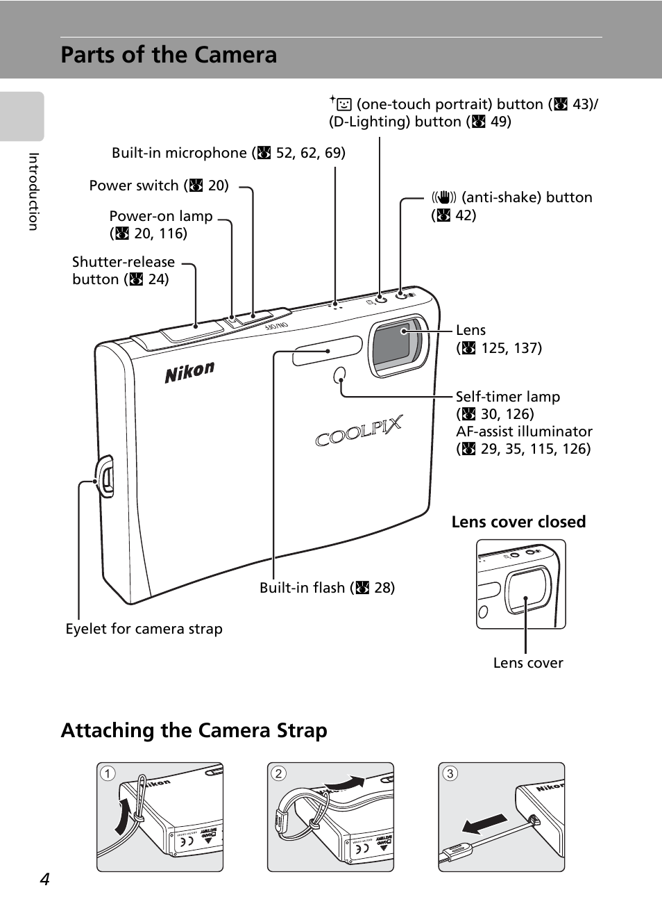 Parts of the camera, Attaching the camera strap | Nikon Coolpix S50 User Manual | Page 16 / 156