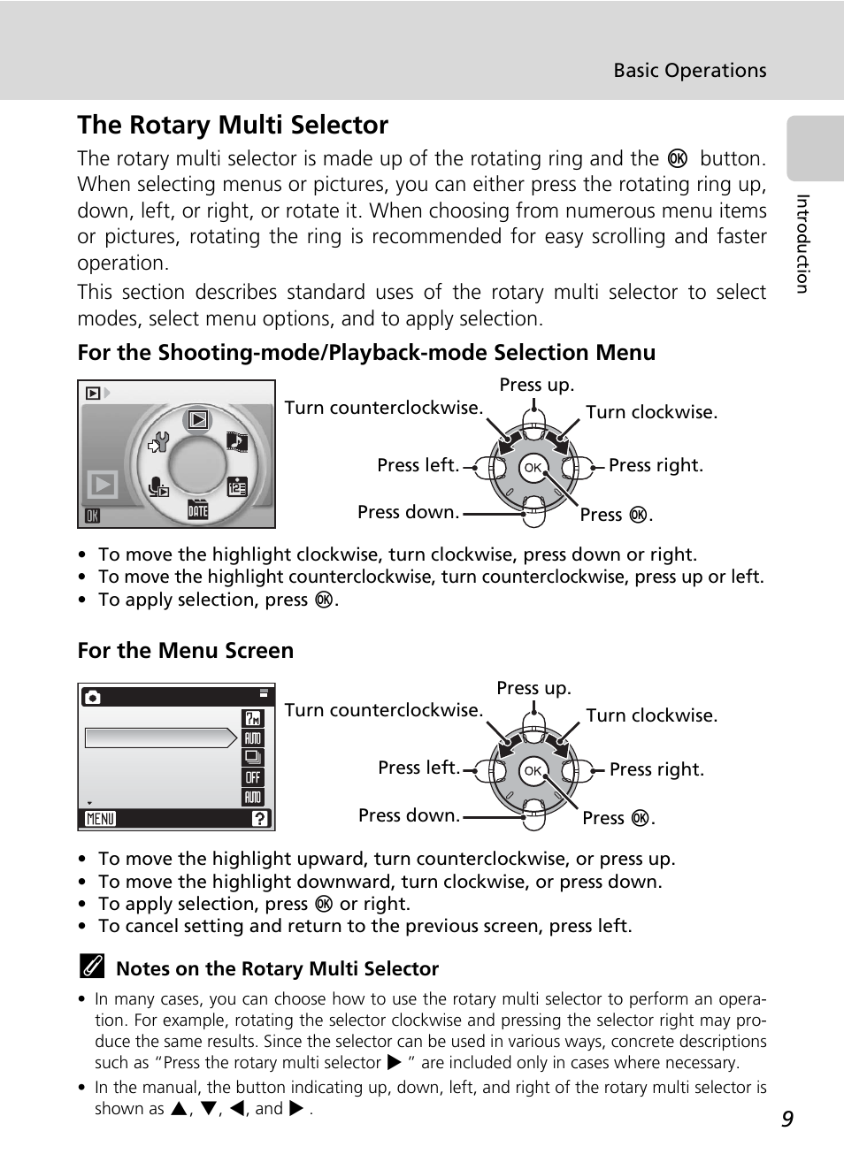 The rotary multi selector, On: c 9, C 9) | For the shooting-mode/playback-mode selection menu, For the menu screen | Nikon Coolpix S50 User Manual | Page 21 / 156