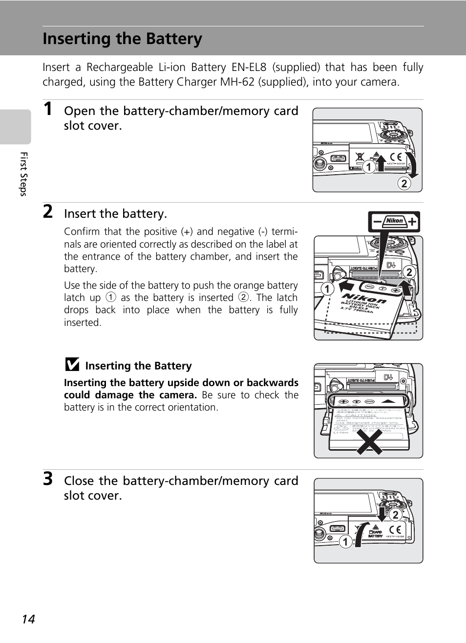 Inserting the battery, R (c 14, C 14 | H (c 14, 15 | Nikon Coolpix S50 User Manual | Page 26 / 156