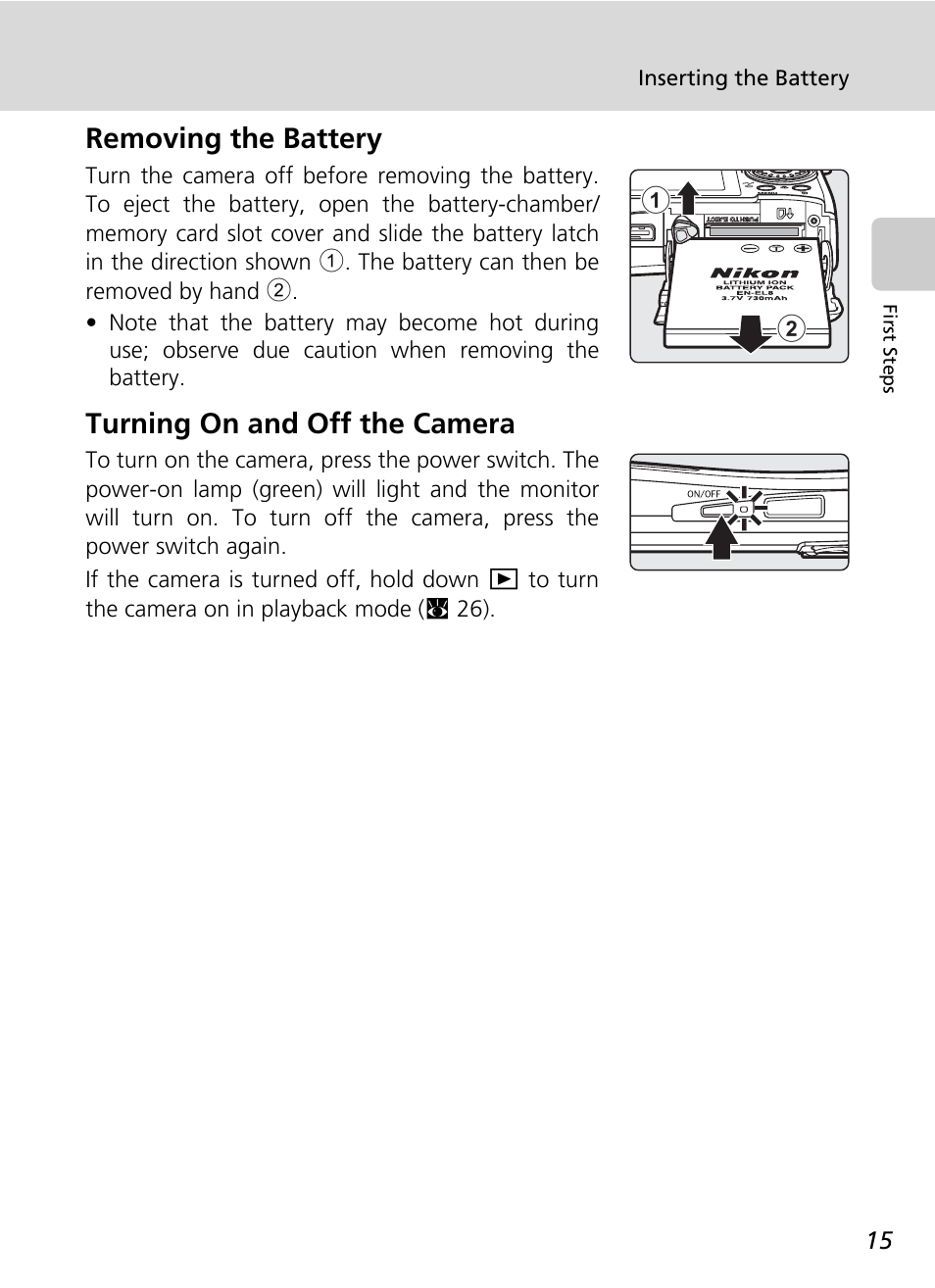 Removing the battery, Turning on and off the camera, Removing the battery turning on and off the camera | Nikon Coolpix S50 User Manual | Page 27 / 156