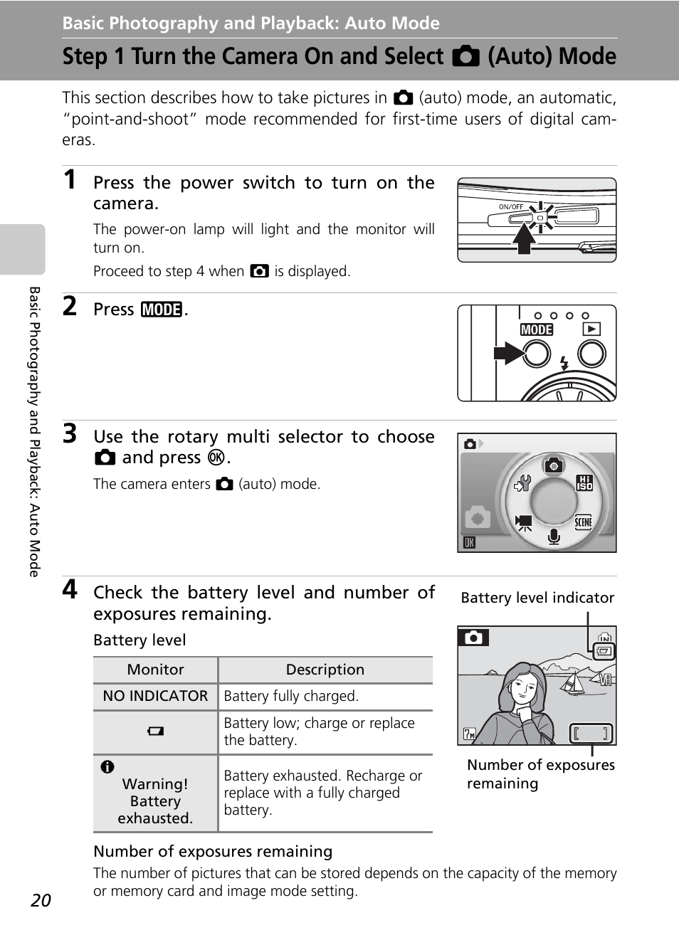 Basic photography and playback: auto mode, Step 1 turn the camera on and select (auto) mode, Basic photography and playback | Auto mode, Step 1 turn the camera on and select l (auto) mode, C 20, 11, C 20, C 20) | Nikon Coolpix S50 User Manual | Page 32 / 156