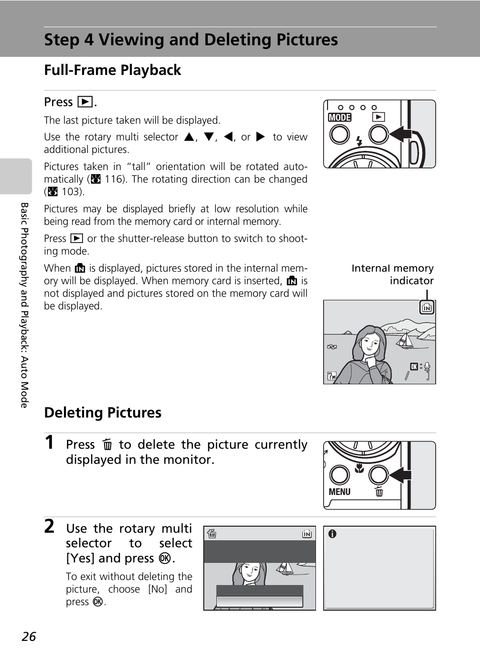 Step 4 viewing and deleting pictures, C 26, Back mode (c 26) | C 26), Full-frame playback, Deleting pictures, Press i | Nikon Coolpix S50 User Manual | Page 38 / 156