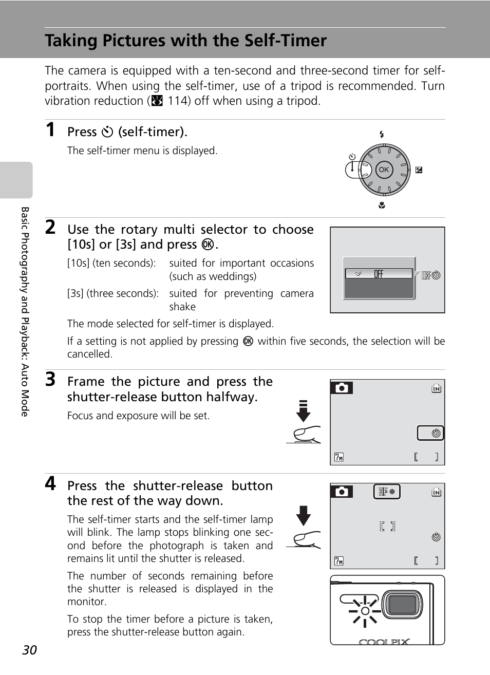 Taking pictures with the self-timer, C 30, C 30) | Nikon Coolpix S50 User Manual | Page 42 / 156