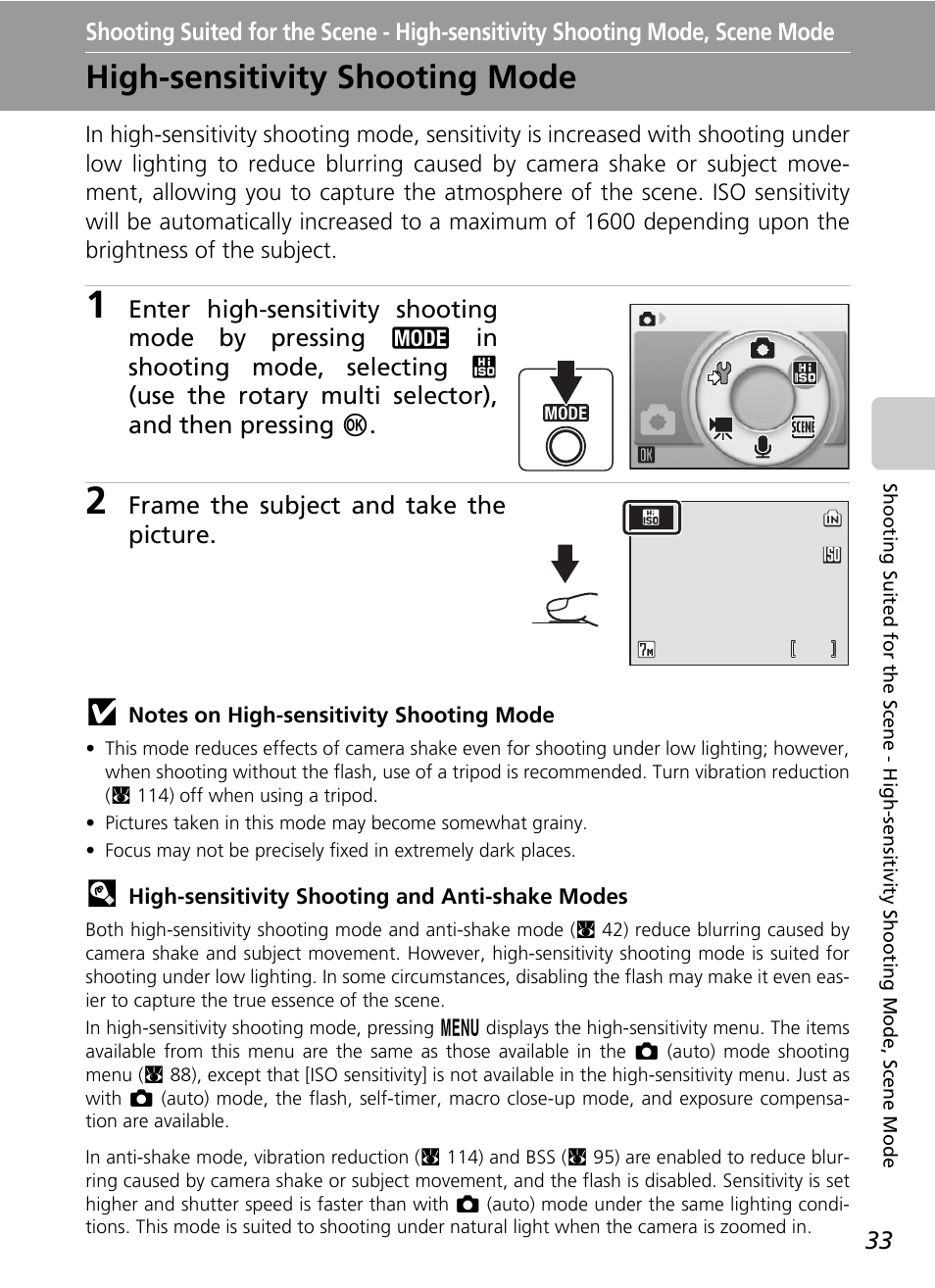 High-sensitivity shooting mode, Shooting suited for the scene, High-sensitivity shooting mode, scene mode | Scene mode, C 33), Mode (c 33) | Nikon Coolpix S50 User Manual | Page 45 / 156