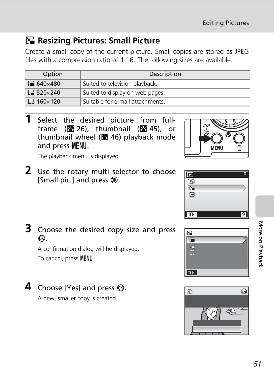 Resizing pictures: small picture, Small picture, Hresizing pictures: small picture | Nikon Coolpix S50 User Manual | Page 63 / 156