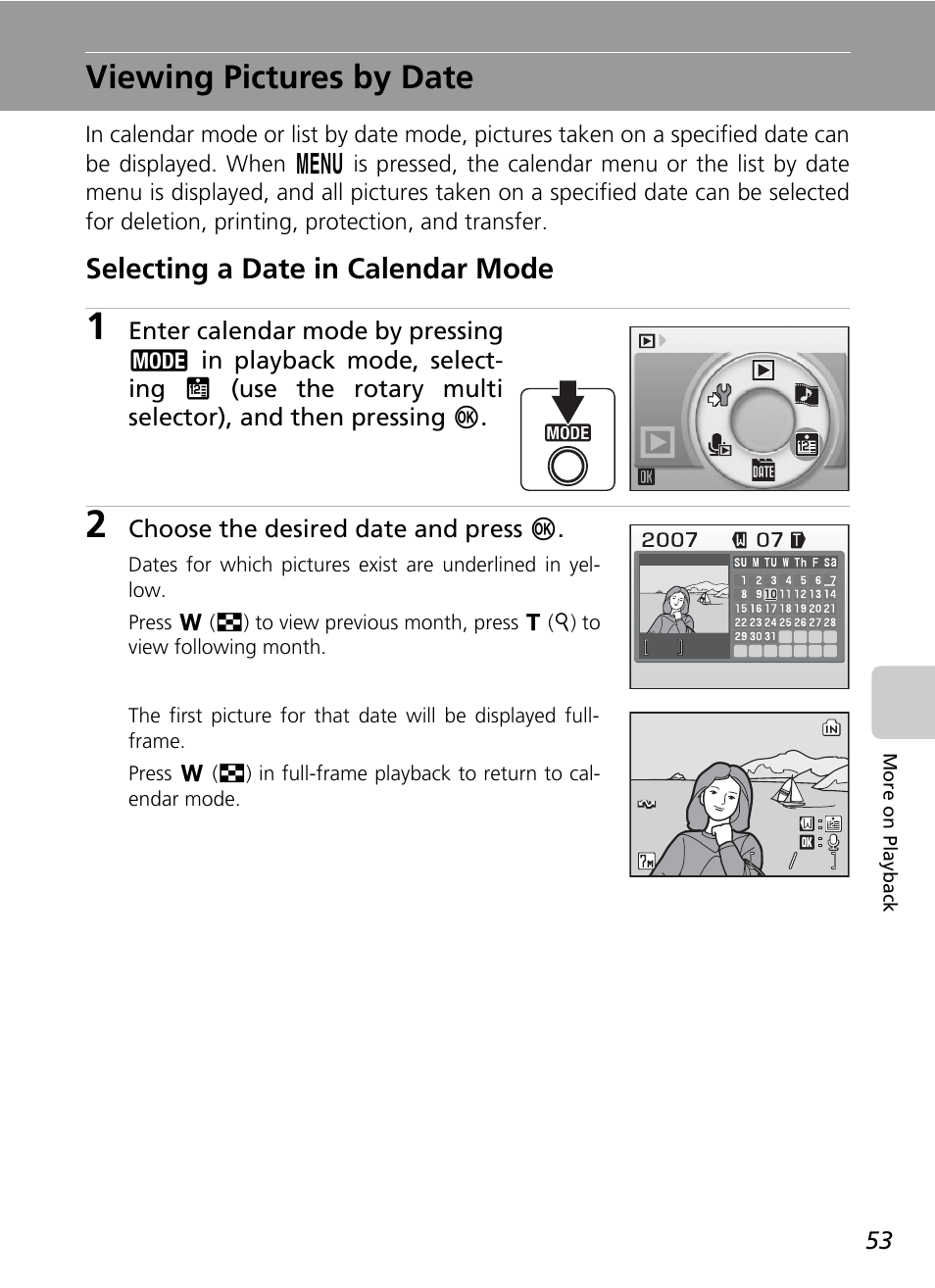 Viewing pictures by date, C 53, Selecting a date in calendar mode | Nikon Coolpix S50 User Manual | Page 65 / 156