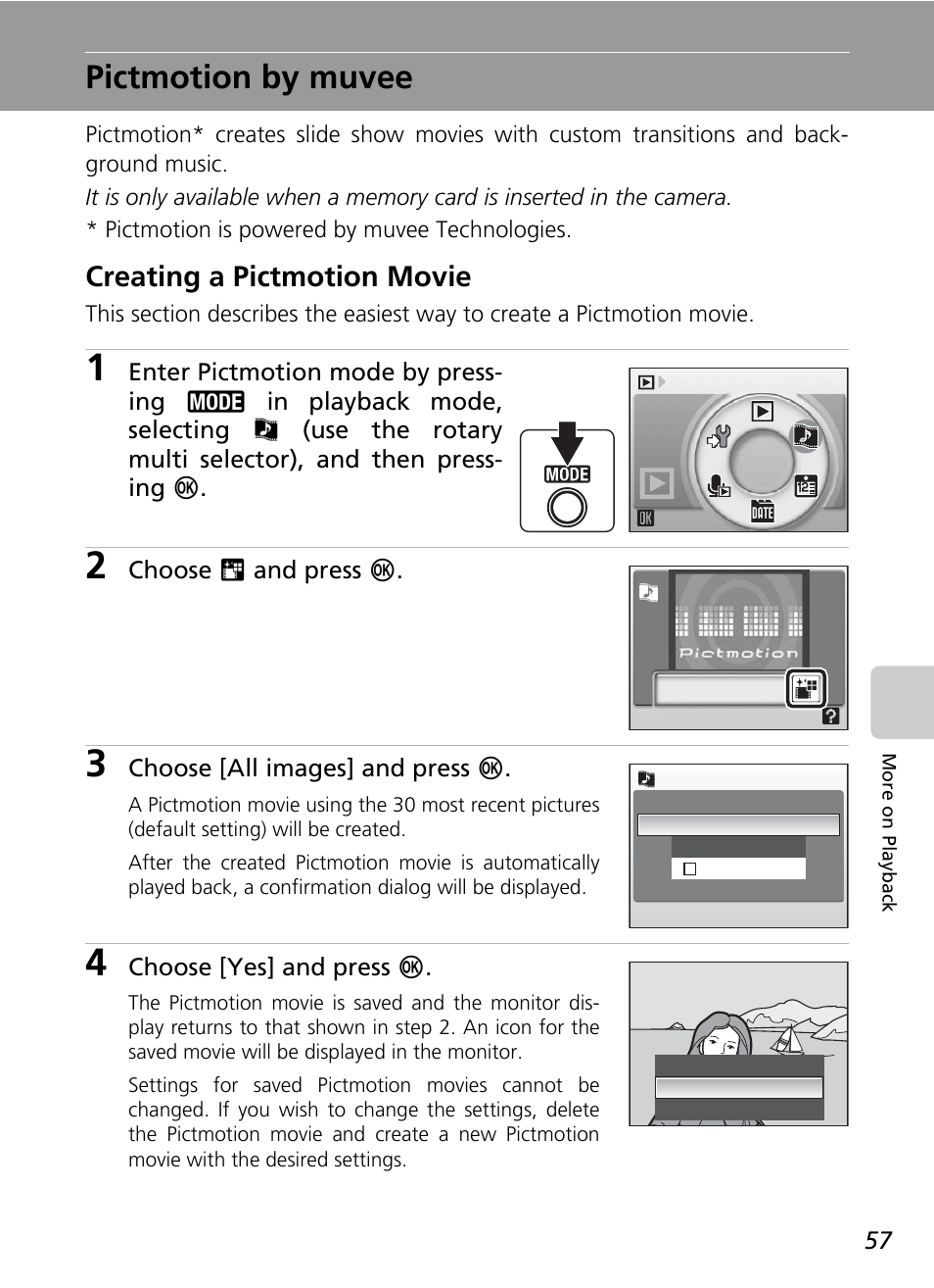 Pictmotion by muvee, C 57, Creating a pictmotion movie | Nikon Coolpix S50 User Manual | Page 69 / 156