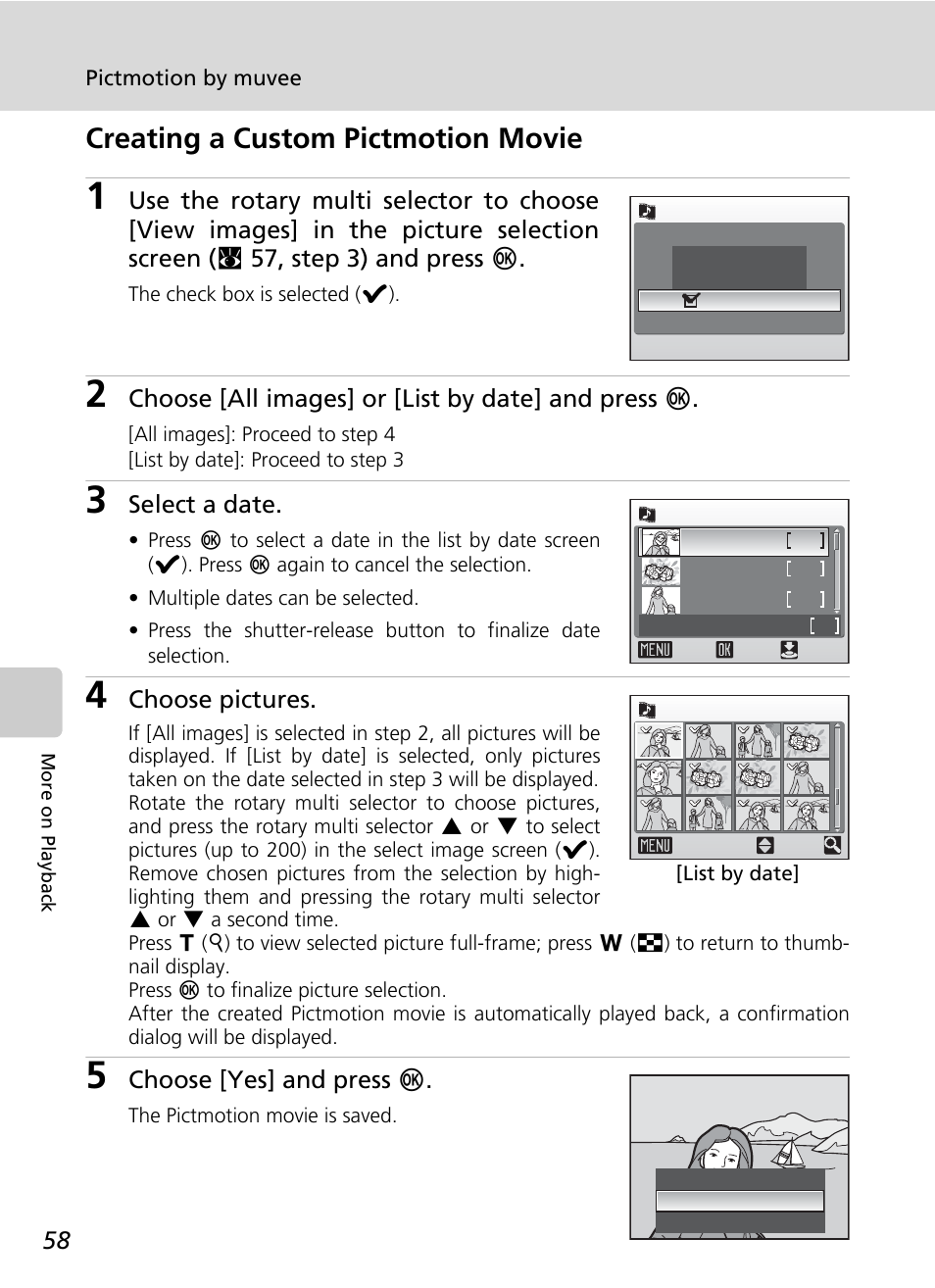 Creating a custom pictmotion movie | Nikon Coolpix S50 User Manual | Page 70 / 156