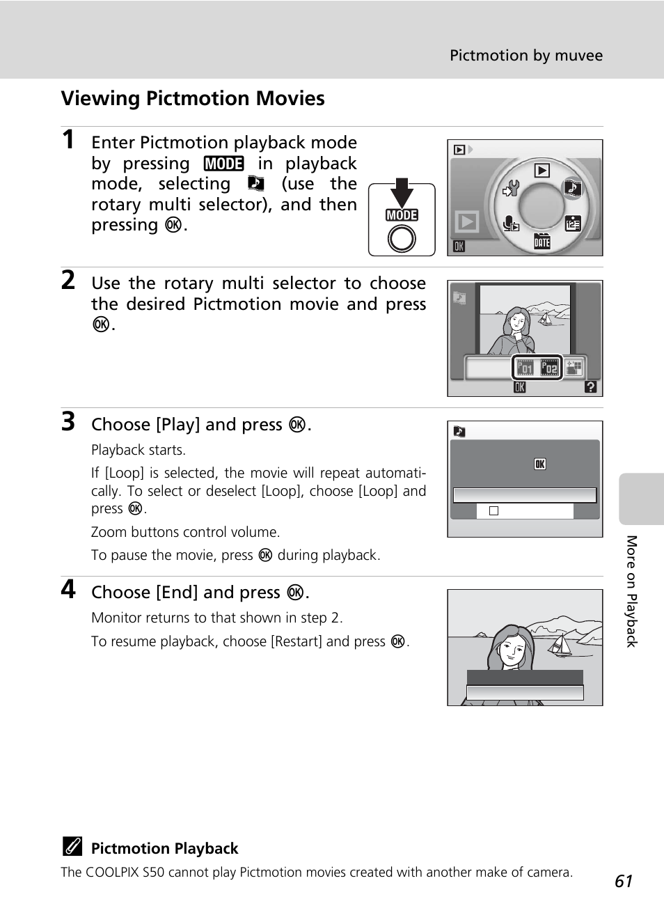 Viewing pictmotion movies | Nikon Coolpix S50 User Manual | Page 73 / 156