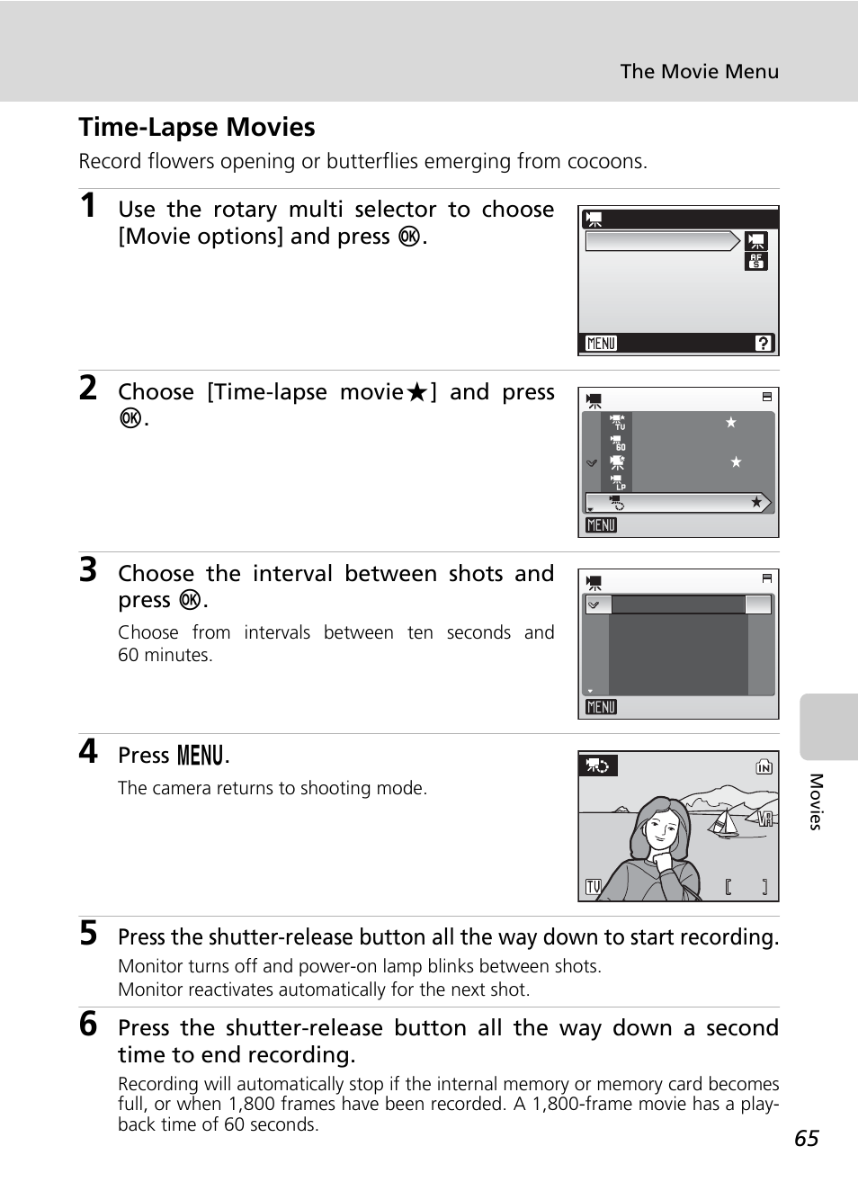 Time-lapse movies | Nikon Coolpix S50 User Manual | Page 77 / 156