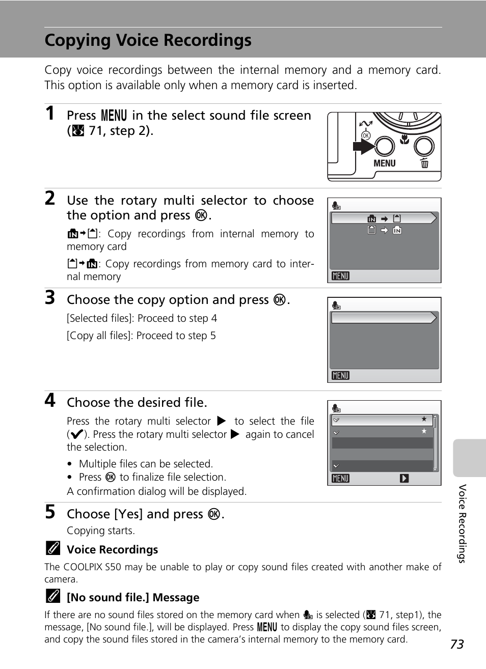 Copying voice recordings | Nikon Coolpix S50 User Manual | Page 85 / 156