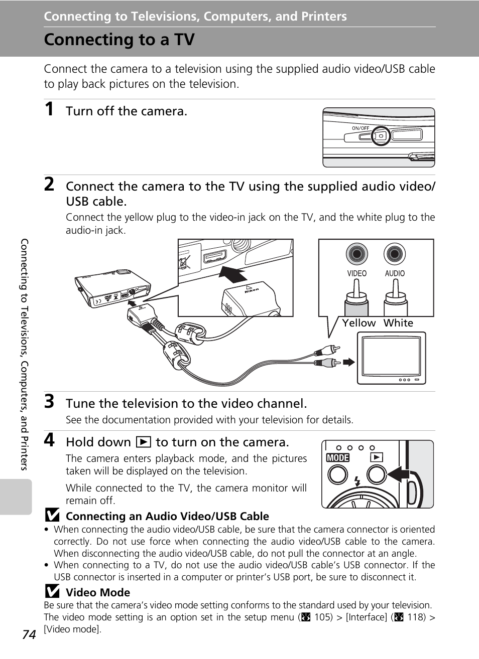 Connecting to televisions, computers, and printers, Connecting to a tv, C 74 | Nikon Coolpix S50 User Manual | Page 86 / 156