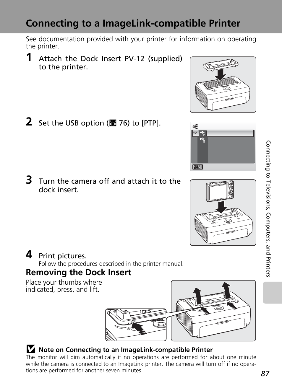 Connecting to a imagelink-compatible printer, Removing the dock insert | Nikon Coolpix S50 User Manual | Page 99 / 156