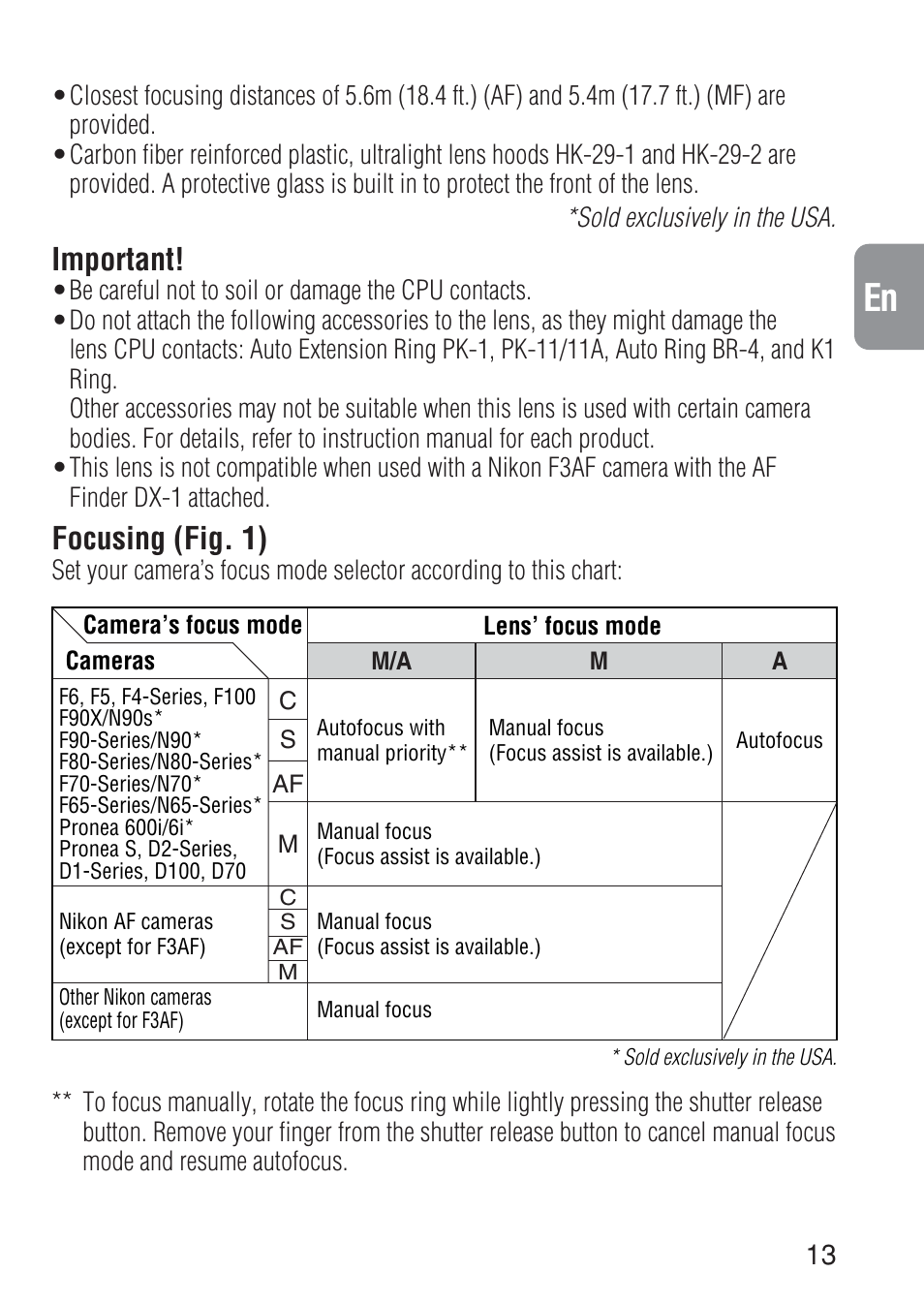 Important, Focusing (fig. 1) | Nikon AF-S NIKKOR ED 600MM User Manual | Page 13 / 56