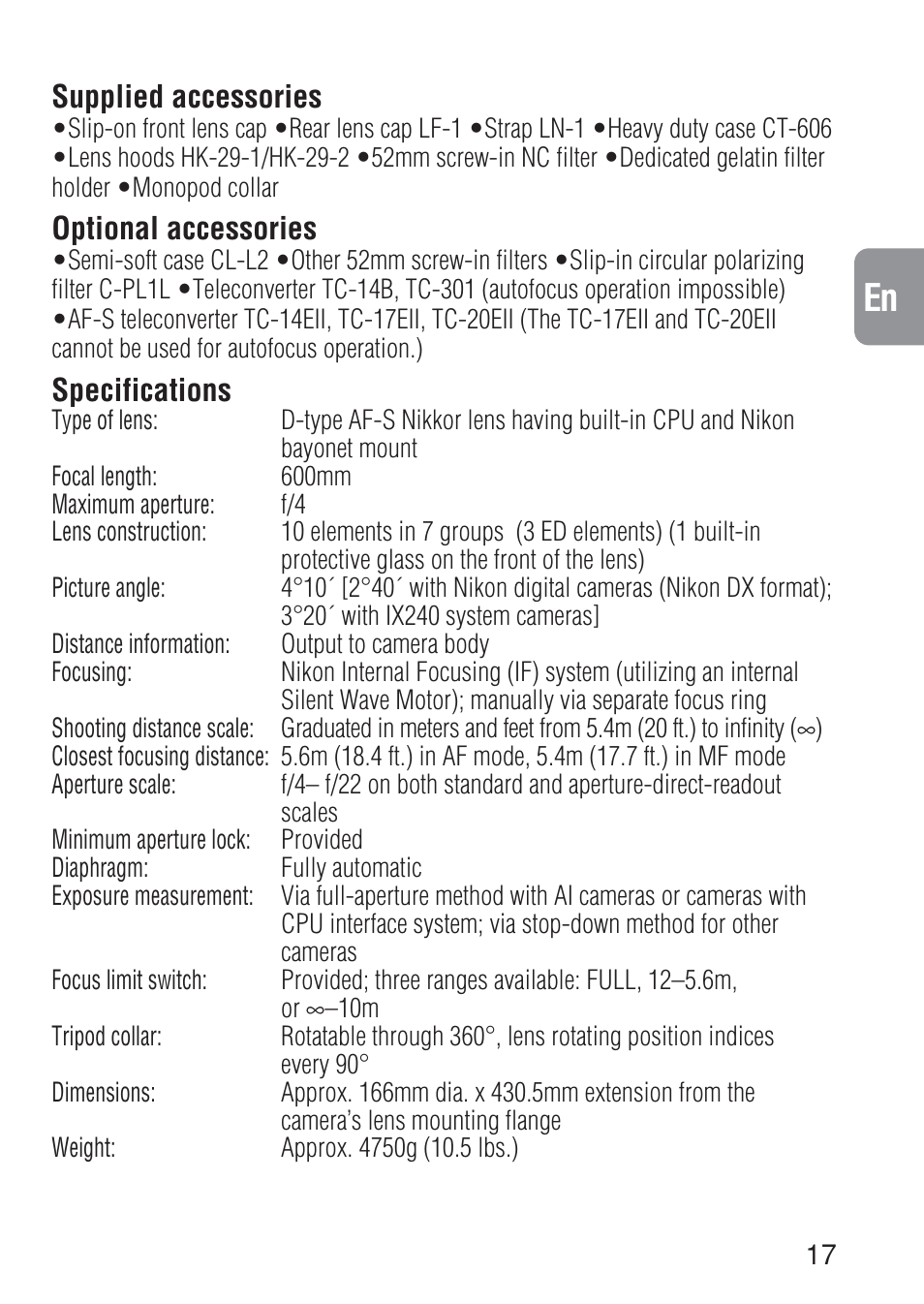 Nikon AF-S NIKKOR ED 600MM User Manual | Page 17 / 56