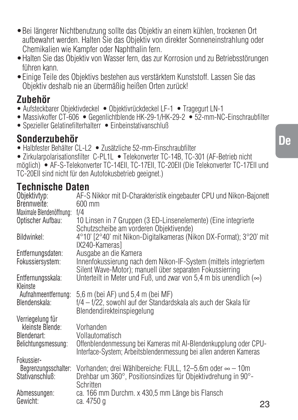 Ch j en de f s it ck, Zubehör, Sonderzubehör | Technische daten | Nikon AF-S NIKKOR ED 600MM User Manual | Page 23 / 56