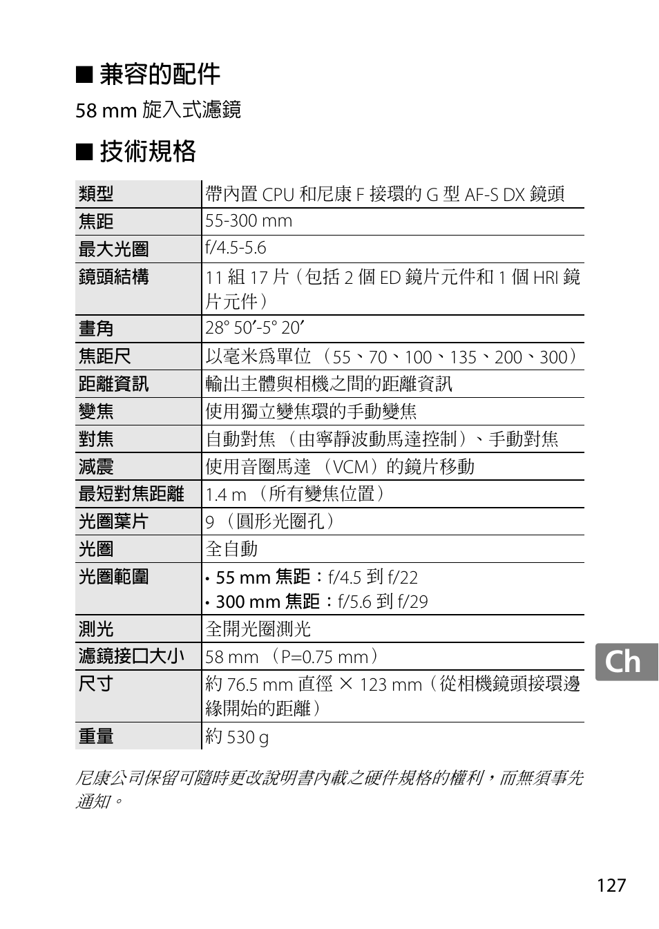 兼容的配件, 技術規格, Jp en de fr es sv ru nl it cz sk ro ua ck ch kr | 58 mm | Nikon 55-300 User Manual | Page 127 / 140