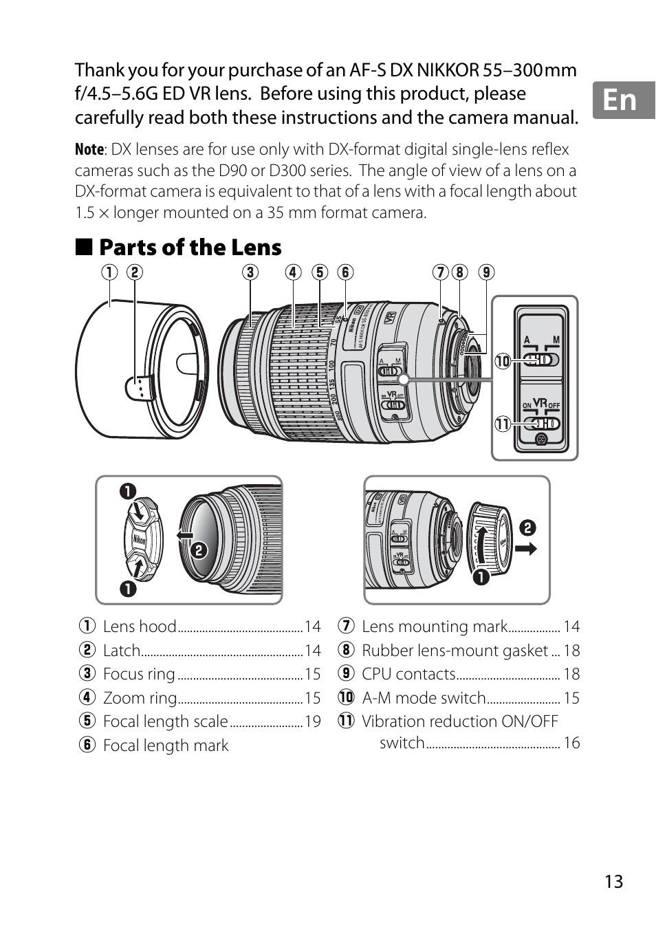 Parts of the lens, Jp en de fr es sv ru nl it cz sk ro ua ck ch kr | Nikon 55-300 User Manual | Page 13 / 140