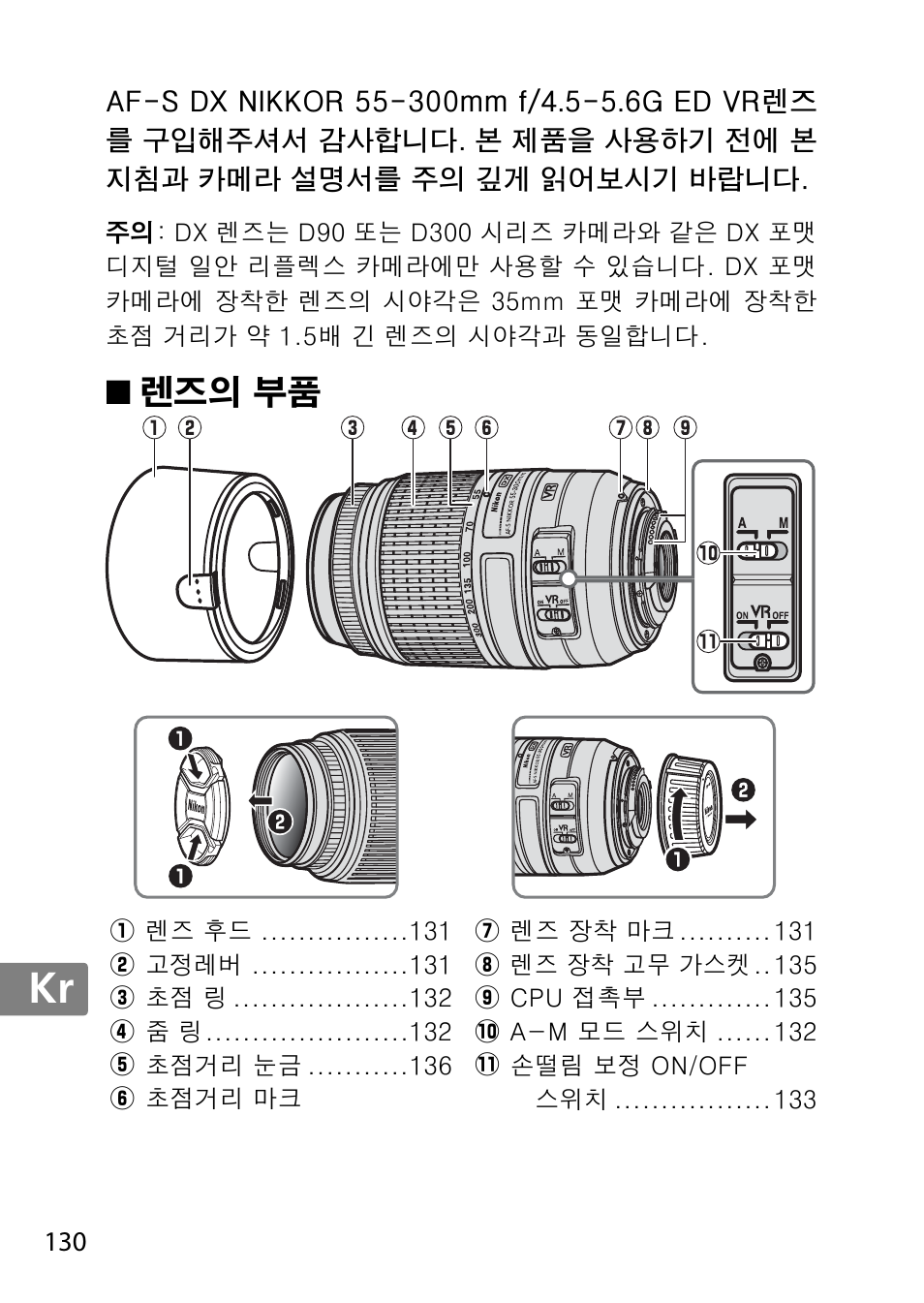 렌즈의 부품, Jp en de fr es sv ru nl it cz sk ro ua ck ch kr | Nikon 55-300 User Manual | Page 130 / 140