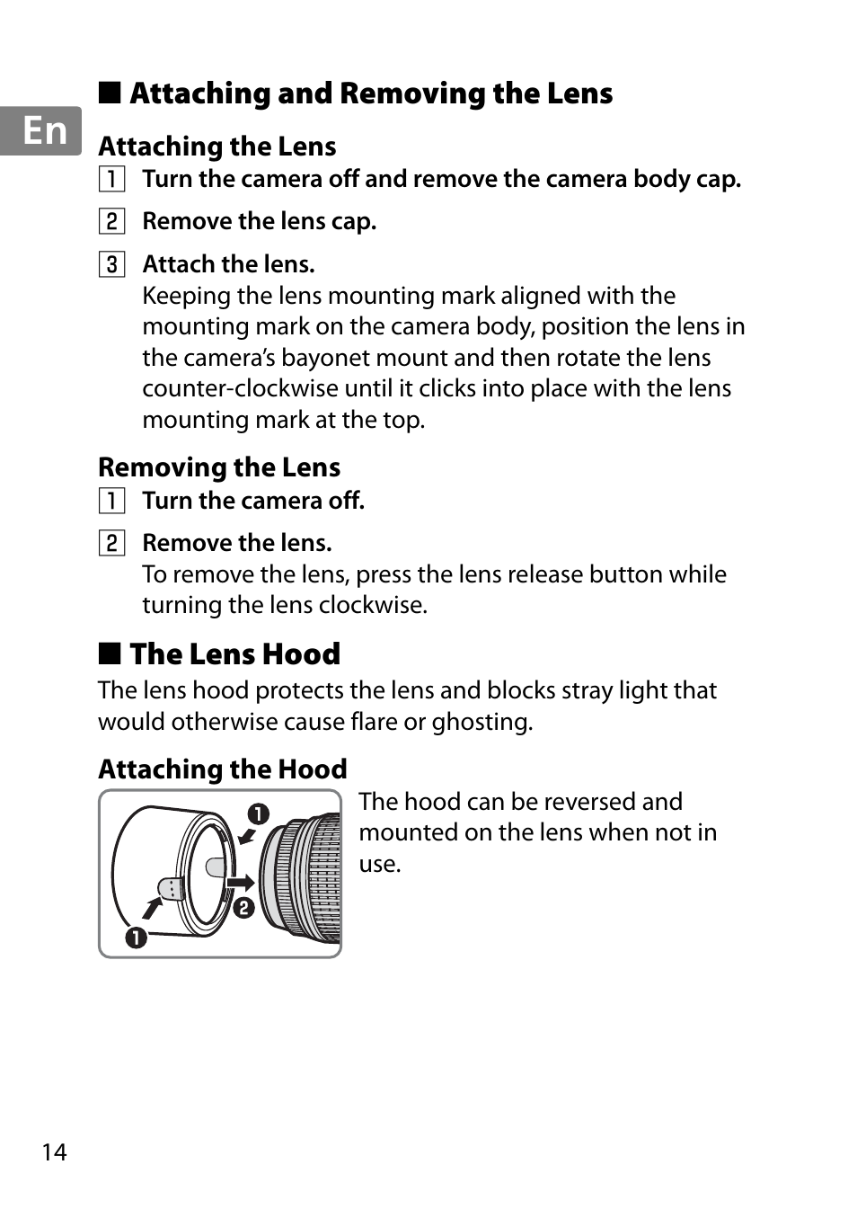Attaching and removing the lens, Attaching the lens, Removing the lens | The lens hood, Attaching the hood, Jp en de fr es sv ru nl it cz sk ro ua ck ch kr | Nikon 55-300 User Manual | Page 14 / 140