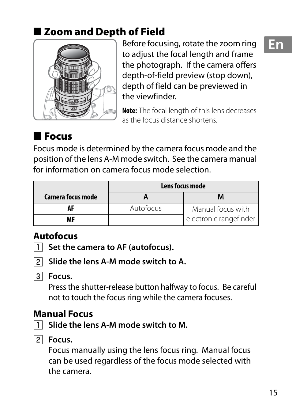 Zoom and depth of field, Focus, Autofocus | Manual focus, Jp en de fr es sv ru nl it cz sk ro ua ck ch kr, Zoom and depth of field ■ focus | Nikon 55-300 User Manual | Page 15 / 140