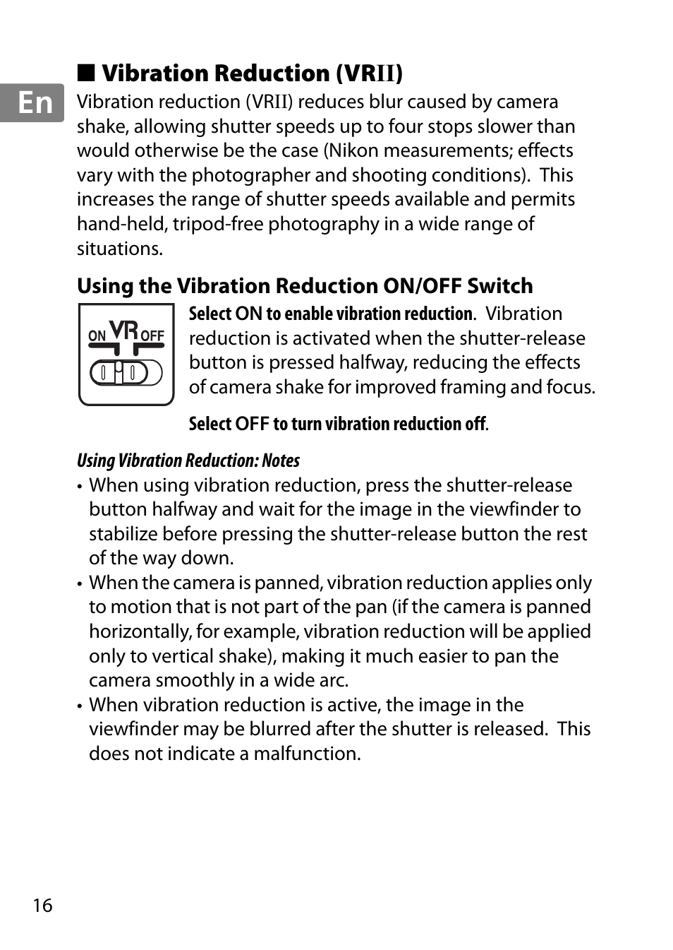 Vibration reduction (vrii), Using the vibration reduction on/off switch, Jp en de fr es sv ru nl it cz sk ro ua ck ch kr | Nikon 55-300 User Manual | Page 16 / 140