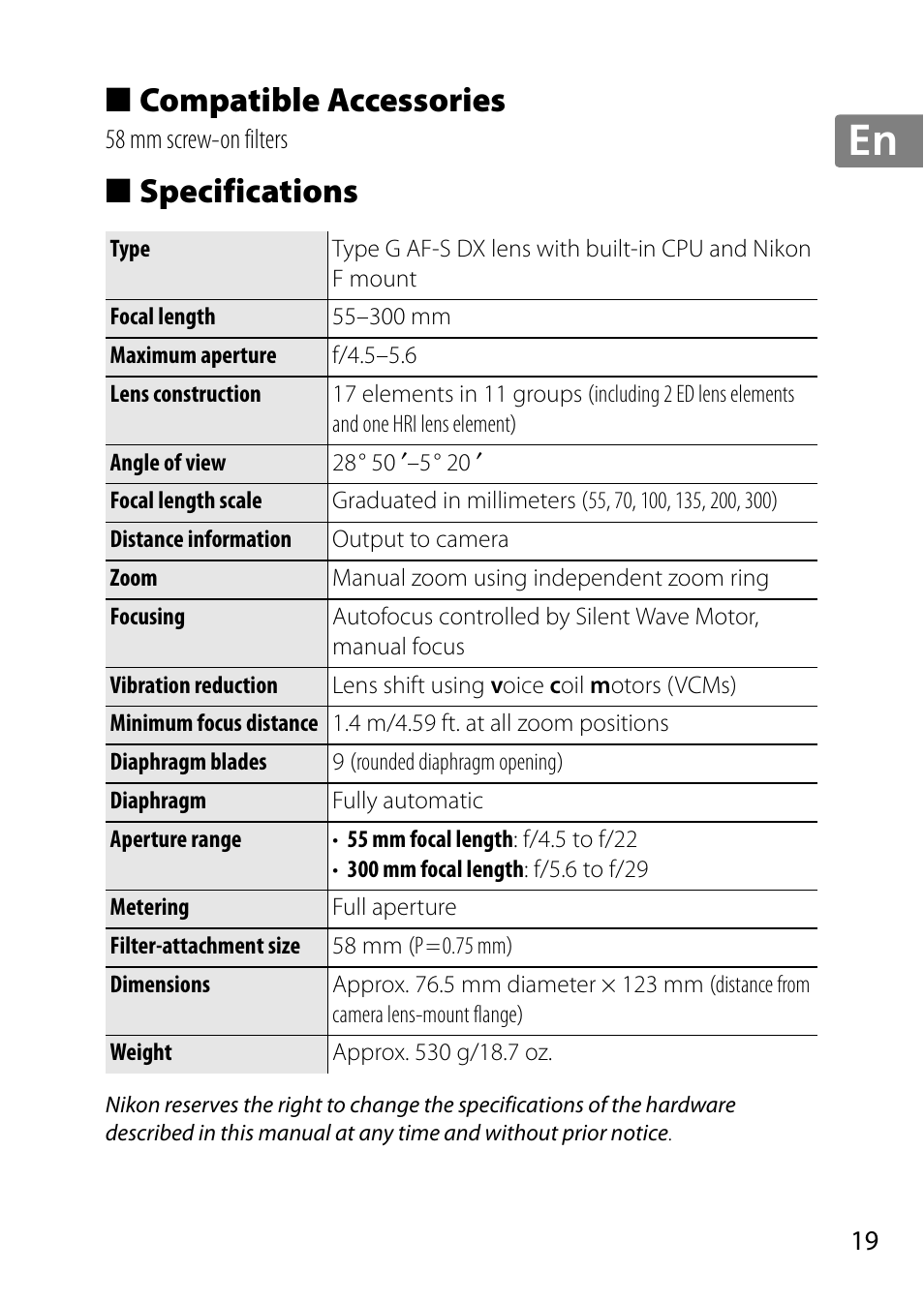 Compatible accessories, Specifications, Jp en de fr es sv ru nl it cz sk ro ua ck ch kr | Nikon 55-300 User Manual | Page 19 / 140