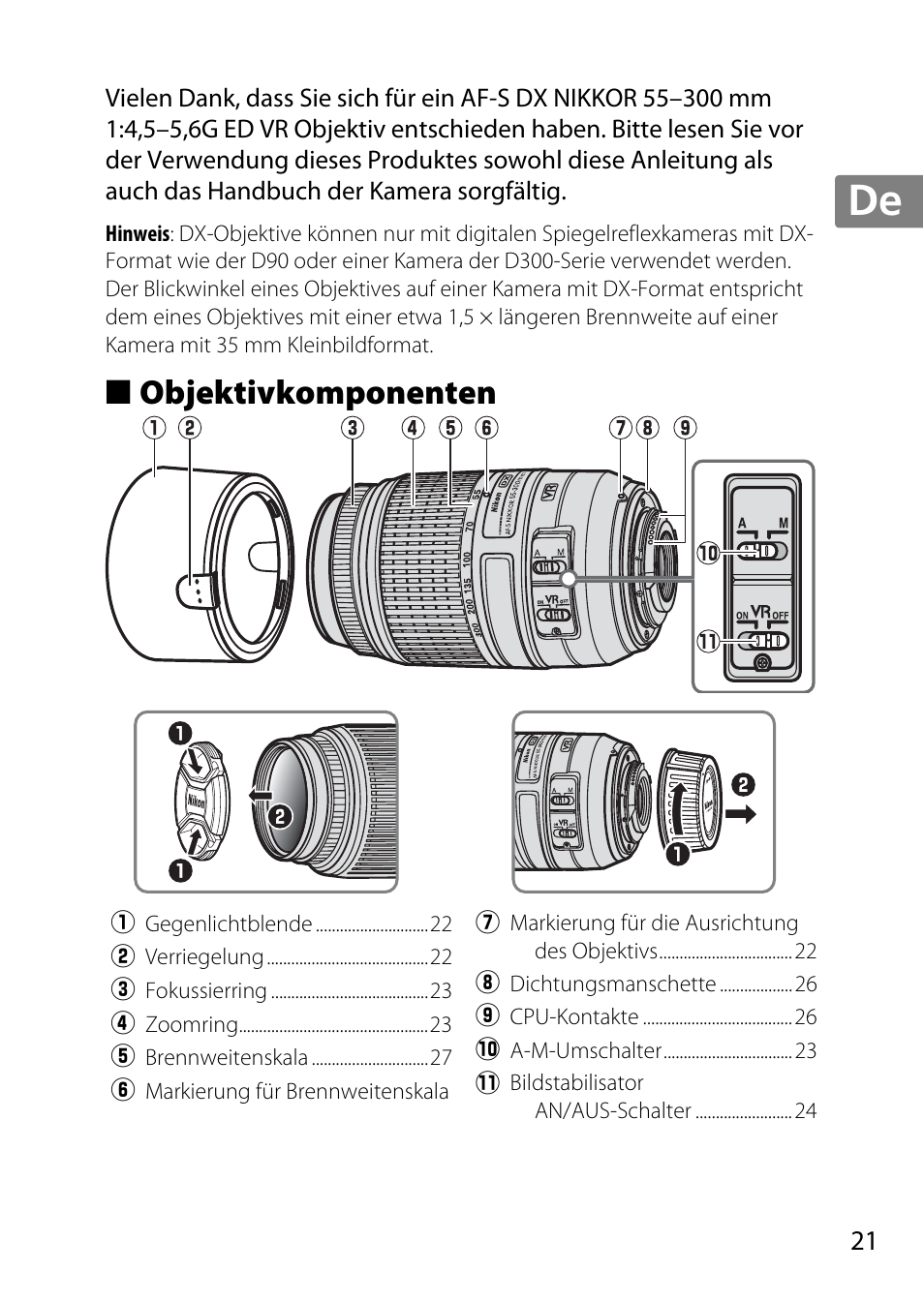 Objektivkomponenten, Jp en de fr es sv ru nl it cz sk ro ua ck ch kr | Nikon 55-300 User Manual | Page 21 / 140