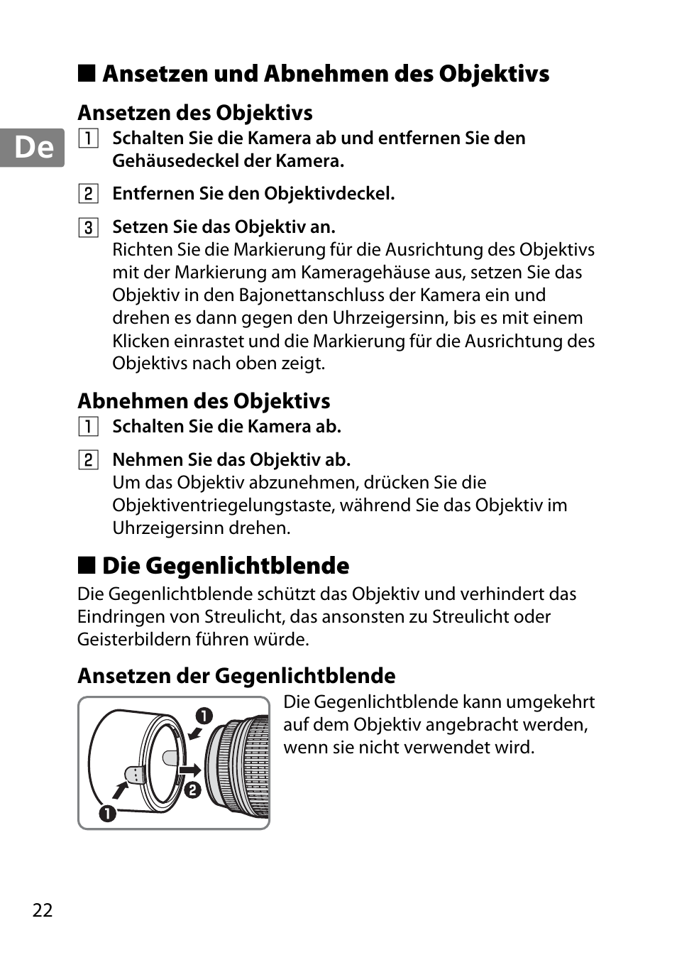 Ansetzen und abnehmen des objektivs, Ansetzen des objektivs, Abnehmen des objektivs | Die gegenlichtblende, Ansetzen der gegenlichtblende, Jp en de fr es sv ru nl it cz sk ro ua ck ch kr | Nikon 55-300 User Manual | Page 22 / 140