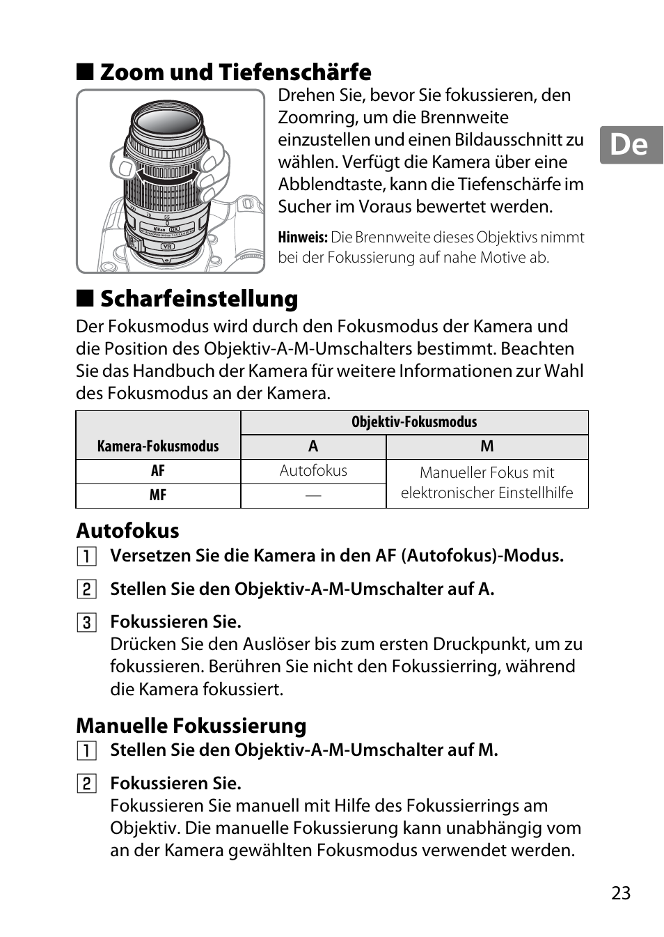 Zoom und tiefenschärfe, Scharfeinstellung, Autofokus | Manuelle fokussierung, Jp en de fr es sv ru nl it cz sk ro ua ck ch kr, Zoom und tiefenschärfe ■ scharfeinstellung, Autofokus manuelle fokussierung | Nikon 55-300 User Manual | Page 23 / 140